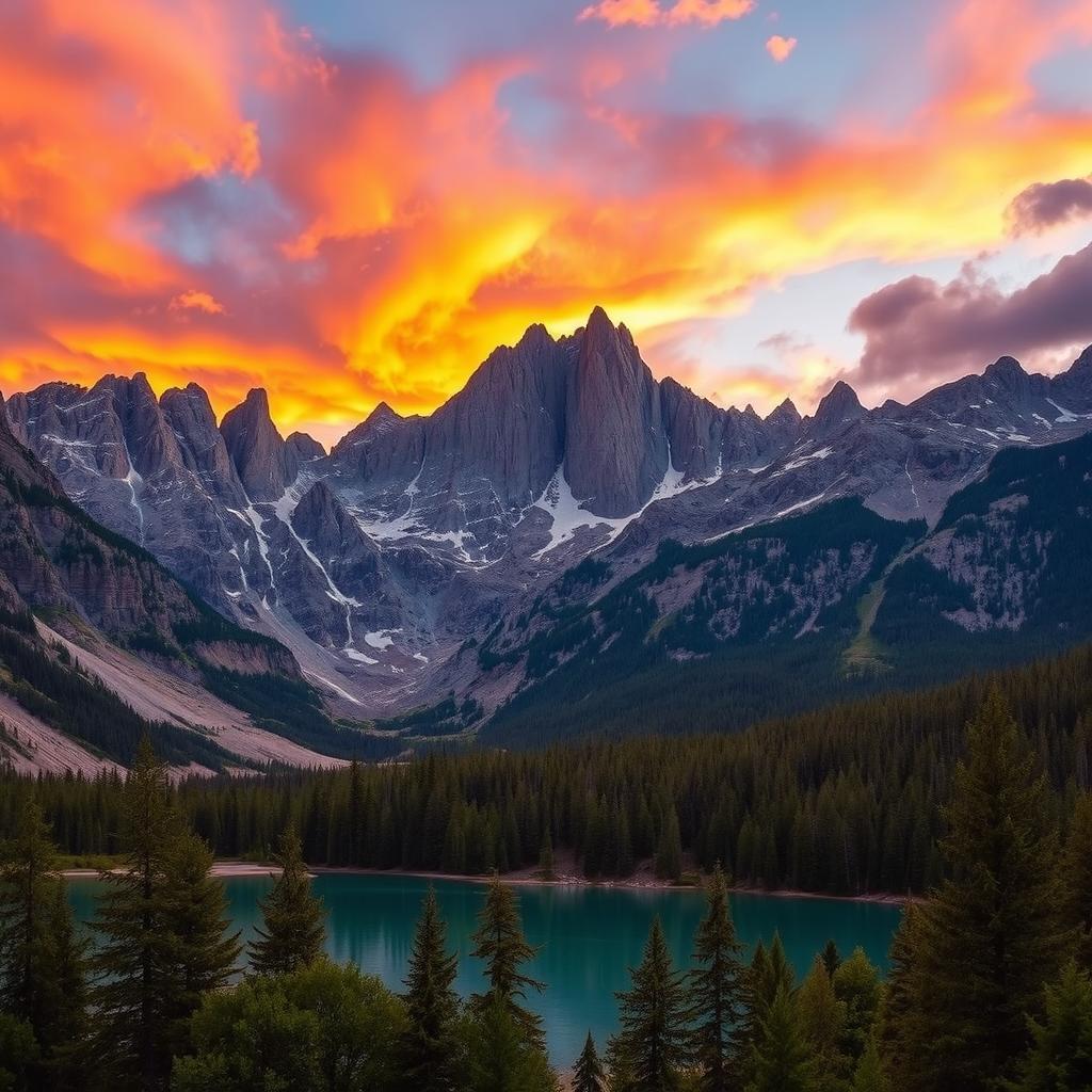 A dramatic landscape featuring a rugged mountain range under a vibrant sunset sky, with clouds painted in shades of orange, pink, and purple