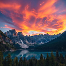 A dramatic landscape featuring a rugged mountain range under a vibrant sunset sky, with clouds painted in shades of orange, pink, and purple