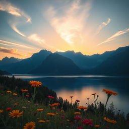 A serene landscape featuring a tranquil lake surrounded by majestic mountains, with the sun setting in the background casting a golden glow over the water