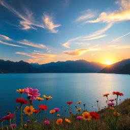 A serene landscape featuring a tranquil lake surrounded by majestic mountains, with the sun setting in the background casting a golden glow over the water