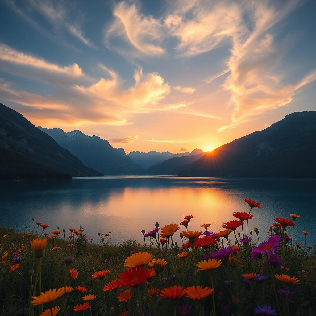 A serene landscape featuring a tranquil lake surrounded by majestic mountains, with the sun setting in the background casting a golden glow over the water