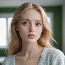 A beautiful lady with a slender body, vibrant green eyes, golden hair, white as snow skin, and slender lips exuding introvert vibes in a room filled with loneliness. Render the image at 0.5 intensity.