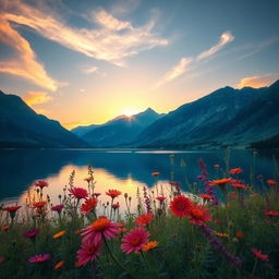 A serene landscape featuring a tranquil lake surrounded by majestic mountains, with the sun setting in the background casting a golden glow over the water