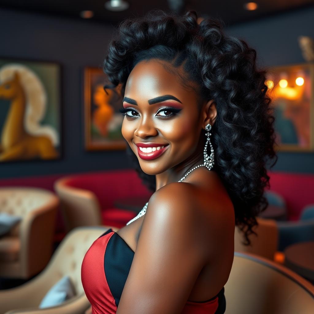 A stunning young ebony woman with a captivating smile and curvy figure, wearing a stylish, form-fitting dress that accentuates her natural beauty