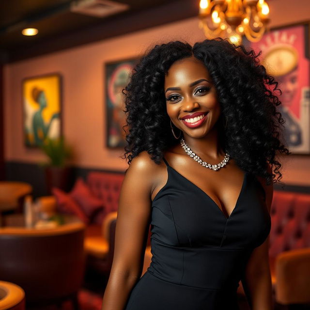 A stunning young ebony woman with a captivating smile and curvy figure, wearing a stylish, form-fitting dress that accentuates her natural beauty