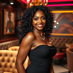 A stunning young ebony woman with a captivating smile and curvy figure, wearing a stylish, form-fitting dress that accentuates her natural beauty