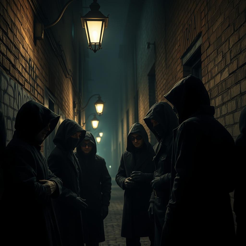 A scene depicting a group of thieves gathered in a dimly-lit alley, plotting their next heist