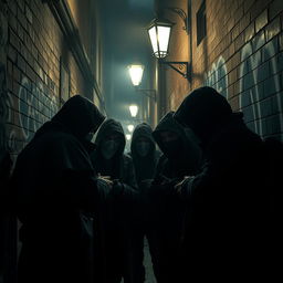 A scene depicting a group of thieves gathered in a dimly-lit alley, plotting their next heist