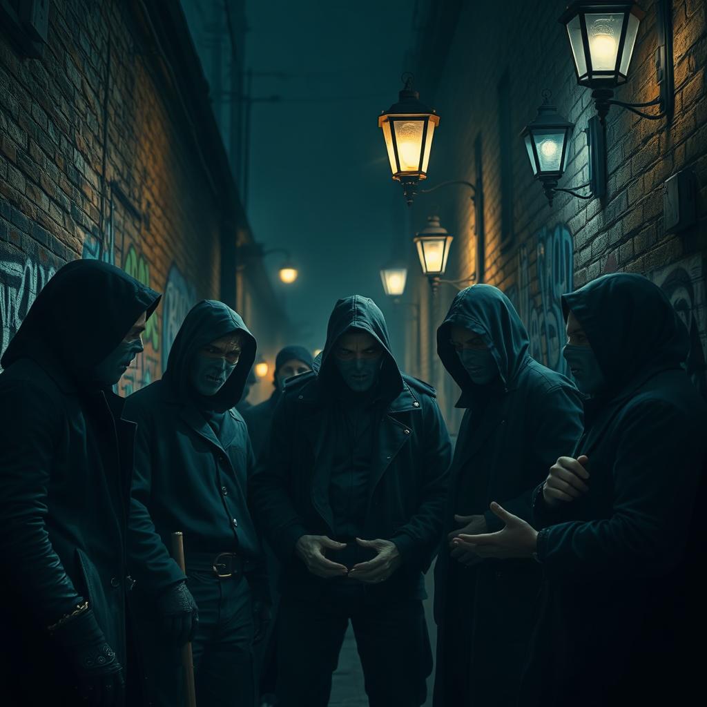 A scene depicting a group of thieves gathered in a dimly-lit alley, plotting their next heist