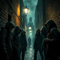 A scene depicting a group of thieves gathered in a dimly-lit alley, plotting their next heist