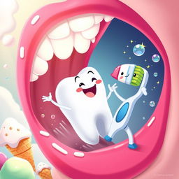 An enchanting illustration for 'La Gran Aventura de Dientecito', featuring the adorable anthropomorphic tooth Dientecito, who has an expressive face and little limbs