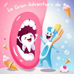 An enchanting illustration for 'La Gran Aventura de Dientecito', featuring the adorable anthropomorphic tooth Dientecito, who has an expressive face and little limbs