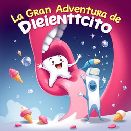 An enchanting illustration for 'La Gran Aventura de Dientecito', featuring the adorable anthropomorphic tooth Dientecito, who has an expressive face and little limbs