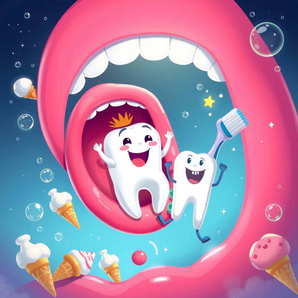 An enchanting illustration for 'La Gran Aventura de Dientecito', featuring the adorable anthropomorphic tooth Dientecito, who has an expressive face and little limbs