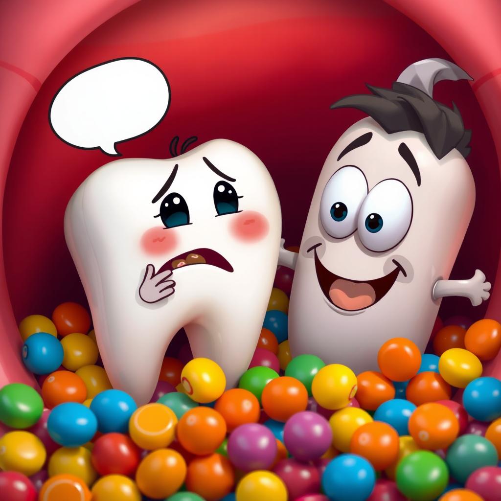 An engaging scene depicting Dientecito, the cheerful anthropomorphic tooth, looking worried as he feels an unusual tickle