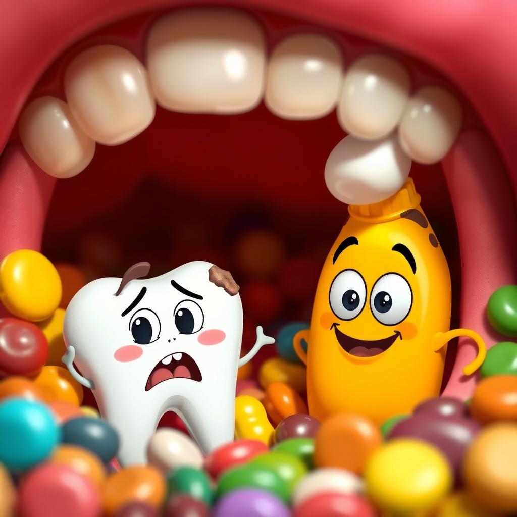 An engaging scene depicting Dientecito, the cheerful anthropomorphic tooth, looking worried as he feels an unusual tickle