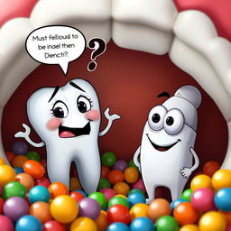 An engaging scene depicting Dientecito, the cheerful anthropomorphic tooth, looking worried as he feels an unusual tickle