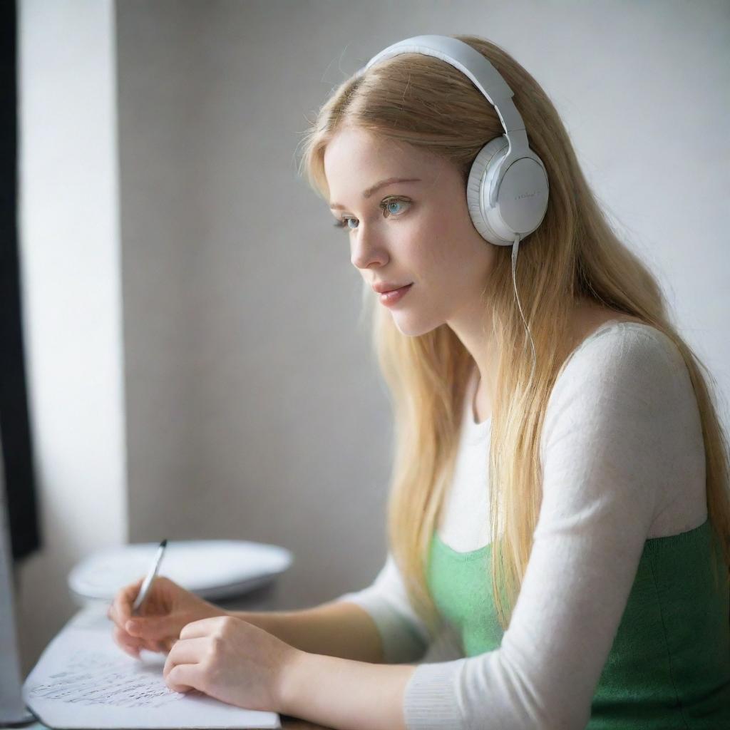 An introverted, beautiful woman with a slender body, golden hair, green eyes, and snow white skin. She has slender lips and is sitting alone in her room, writing and listening to music with headphones in a 0.5 opacity setting.