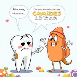 A vibrant illustration depicting an emotional scene between the anthropomorphic tooth Dientecito and his wise friend Encía, who is portrayed as a friendly cartoon gum