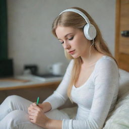 An introverted, beautiful woman with a slender body, golden hair, green eyes, and snow white skin. She has slender lips and is sitting alone in her room, writing and listening to music with headphones in a 0.5 opacity setting.