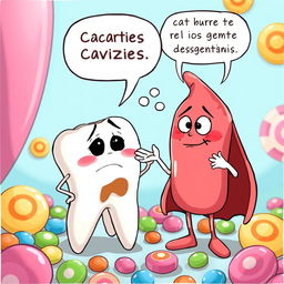 A vibrant illustration depicting an emotional scene between the anthropomorphic tooth Dientecito and his wise friend Encía, who is portrayed as a friendly cartoon gum