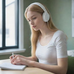 An introverted, beautiful woman with a slender body, golden hair, green eyes, and snow white skin. She has slender lips and is sitting alone in her room, writing and listening to music with headphones in a 0.5 opacity setting.