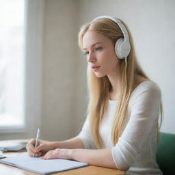 An introverted, beautiful woman with a slender body, golden hair, green eyes, and snow white skin. She has slender lips and is sitting alone in her room, writing and listening to music with headphones in a 0.5 opacity setting.