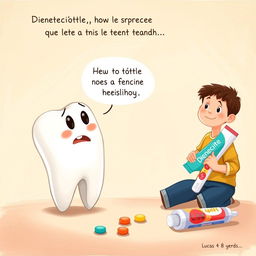 A heartwarming illustration capturing the conversation between Dientecito, the anthropomorphic tooth with a worried yet hopeful expression, and his supportive friend Encía, the wise cartoon gum