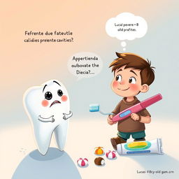 A heartwarming illustration capturing the conversation between Dientecito, the anthropomorphic tooth with a worried yet hopeful expression, and his supportive friend Encía, the wise cartoon gum