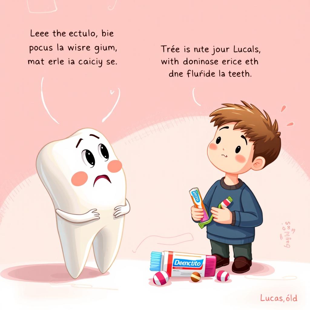 A heartwarming illustration capturing the conversation between Dientecito, the anthropomorphic tooth with a worried yet hopeful expression, and his supportive friend Encía, the wise cartoon gum