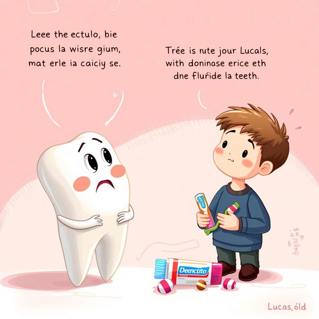 A heartwarming illustration capturing the conversation between Dientecito, the anthropomorphic tooth with a worried yet hopeful expression, and his supportive friend Encía, the wise cartoon gum