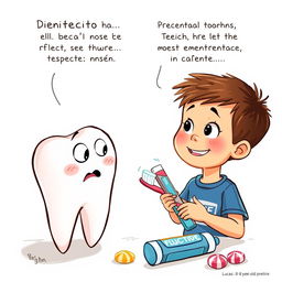 A heartwarming illustration capturing the conversation between Dientecito, the anthropomorphic tooth with a worried yet hopeful expression, and his supportive friend Encía, the wise cartoon gum