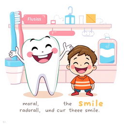 A joyful and uplifting illustration showing Dientecito, the cheerful anthropomorphic tooth, with a bright and shiny smile, where the previous brown spot has completely disappeared