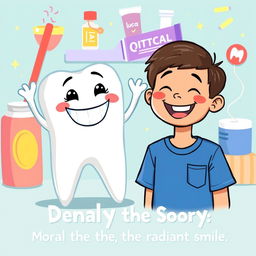 A joyful and uplifting illustration showing Dientecito, the cheerful anthropomorphic tooth, with a bright and shiny smile, where the previous brown spot has completely disappeared