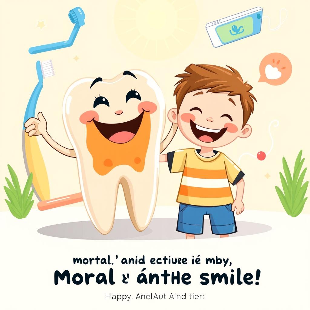 A joyful and uplifting illustration showing Dientecito, the cheerful anthropomorphic tooth, with a bright and shiny smile, where the previous brown spot has completely disappeared