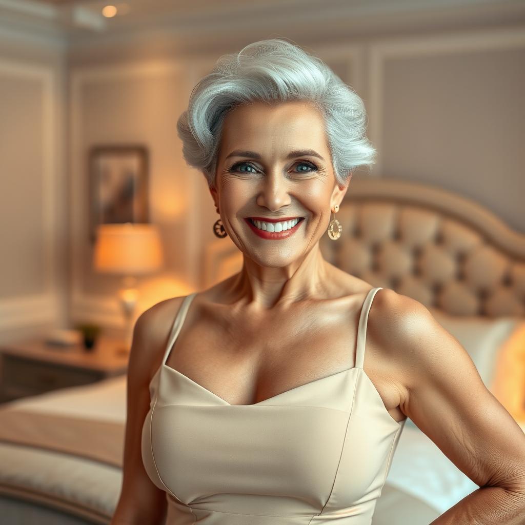 A sensual portrait of a confident older woman over 60, embracing her beauty with elegant poise