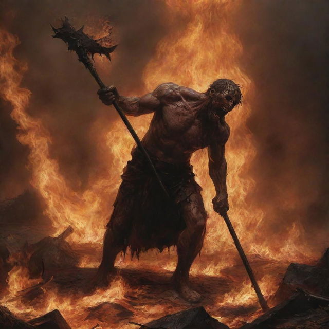 Amidst the chaotic scenery of Hell, capture a figure in agony, crying out loudly, as they are struck by a hot iron mace, emphasizing feelings of profound regret.