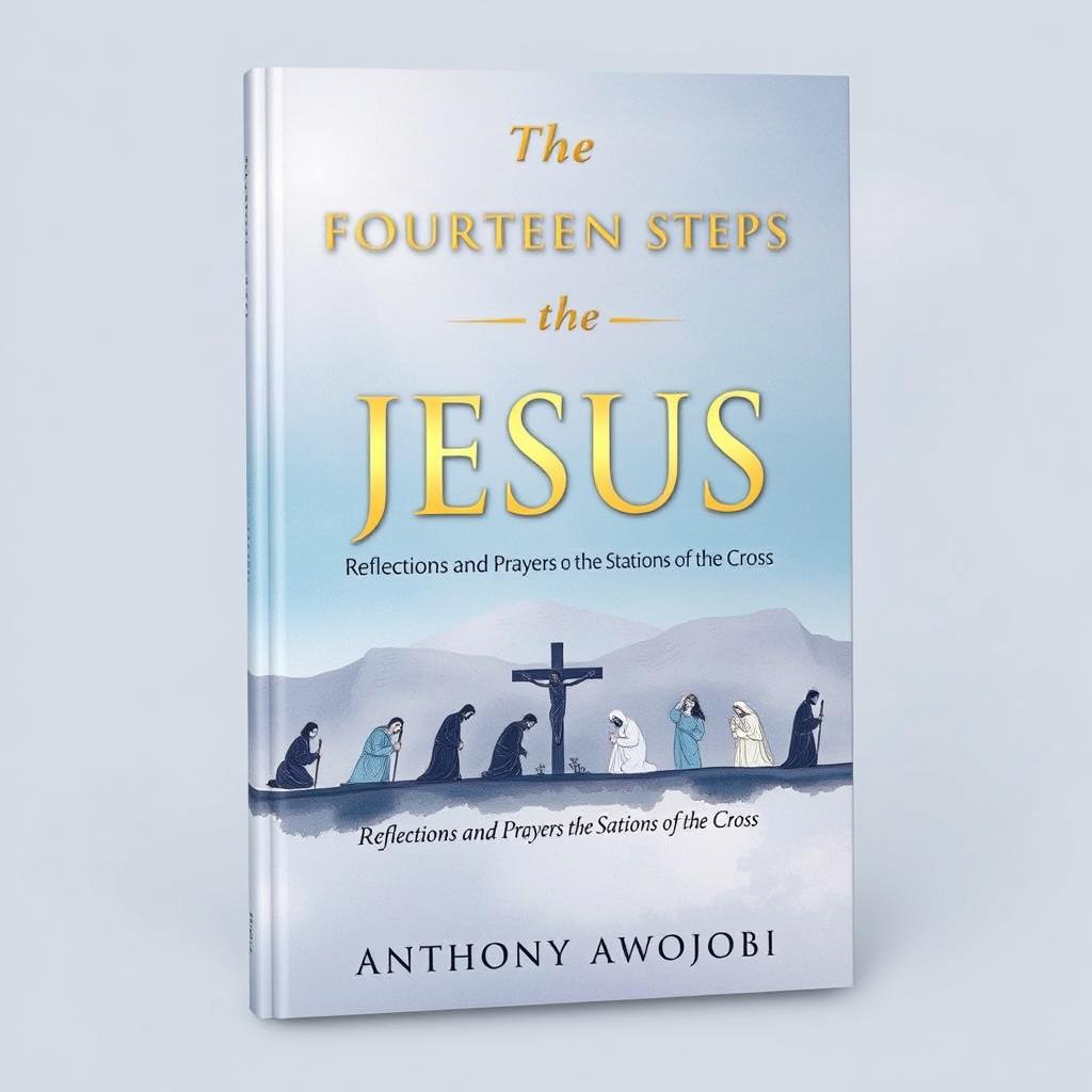 A serene and contemplative book cover design for 'The Fourteen Steps of Jesus: Reflections and Prayers on the Stations of the Cross' by Anthony Awojobi