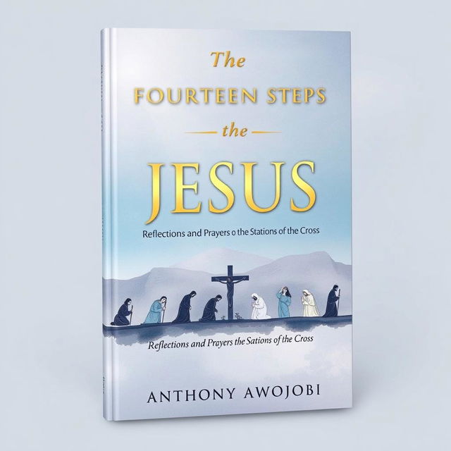 A serene and contemplative book cover design for 'The Fourteen Steps of Jesus: Reflections and Prayers on the Stations of the Cross' by Anthony Awojobi