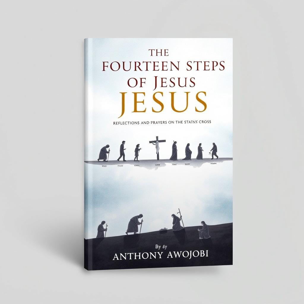 A serene and contemplative book cover design for 'The Fourteen Steps of Jesus: Reflections and Prayers on the Stations of the Cross' by Anthony Awojobi