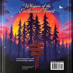 A visually striking book back cover design that features a captivating illustration of a mysterious forest at dusk, with tall, dark trees silhouetted against a vibrant sunset