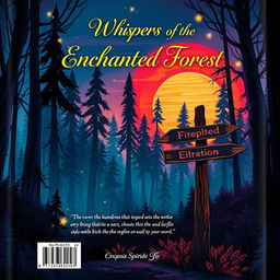 A visually striking book back cover design that features a captivating illustration of a mysterious forest at dusk, with tall, dark trees silhouetted against a vibrant sunset