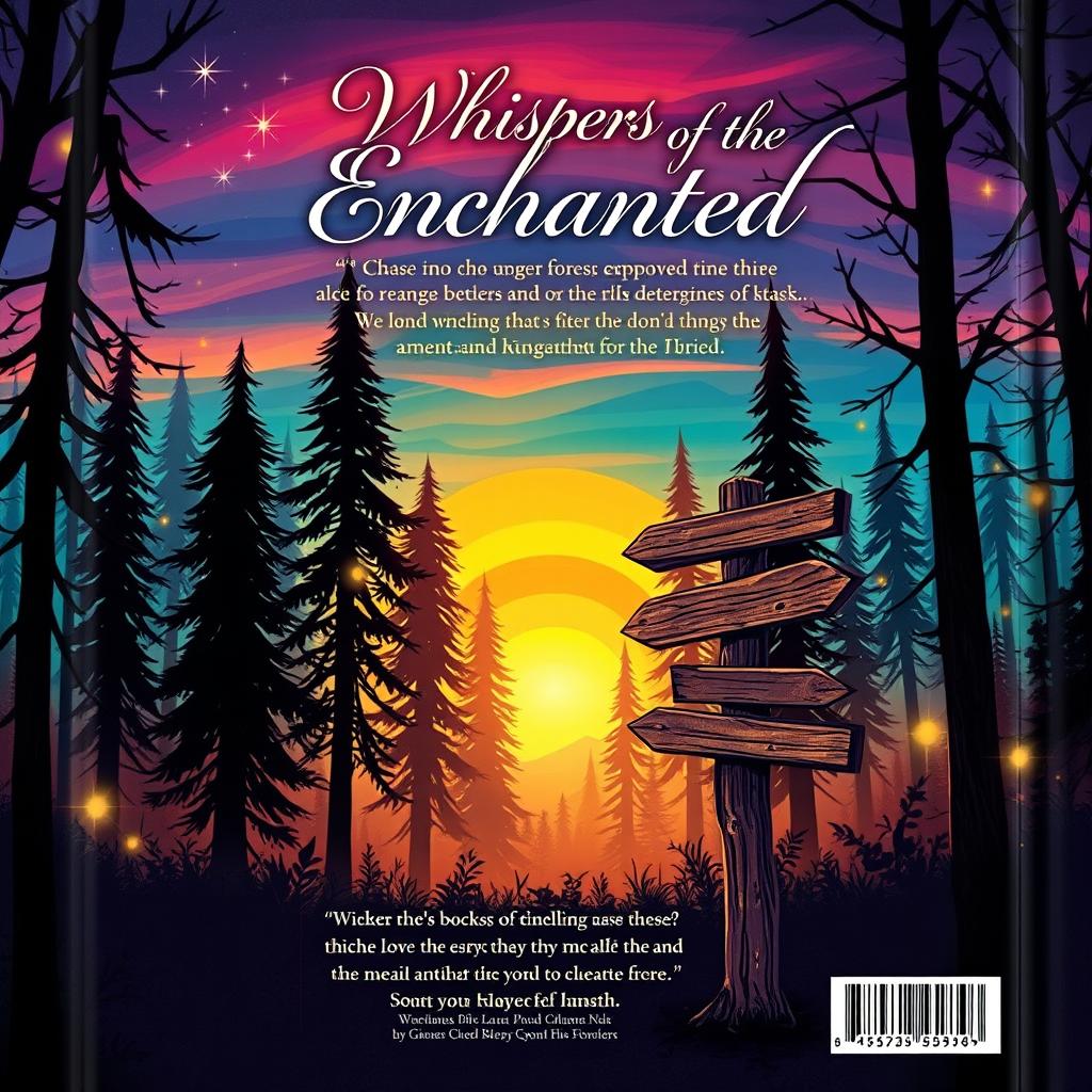 A visually striking book back cover design that features a captivating illustration of a mysterious forest at dusk, with tall, dark trees silhouetted against a vibrant sunset