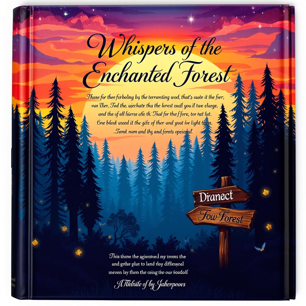 A visually striking book back cover design that features a captivating illustration of a mysterious forest at dusk, with tall, dark trees silhouetted against a vibrant sunset