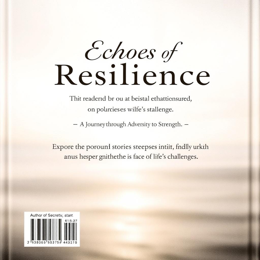 The back cover of a book titled 'Echoes of Resilience,' featuring a serene and reflective design