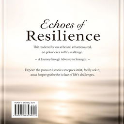 The back cover of a book titled 'Echoes of Resilience,' featuring a serene and reflective design