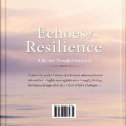 The back cover of a book titled 'Echoes of Resilience,' featuring a serene and reflective design