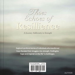 The back cover of a book titled 'Echoes of Resilience,' featuring a serene and reflective design