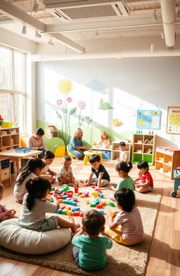 A warm and inviting early childhood care and development center, filled with colorful educational toys and learning materials