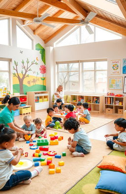 A warm and inviting early childhood care and development center, filled with colorful educational toys and learning materials